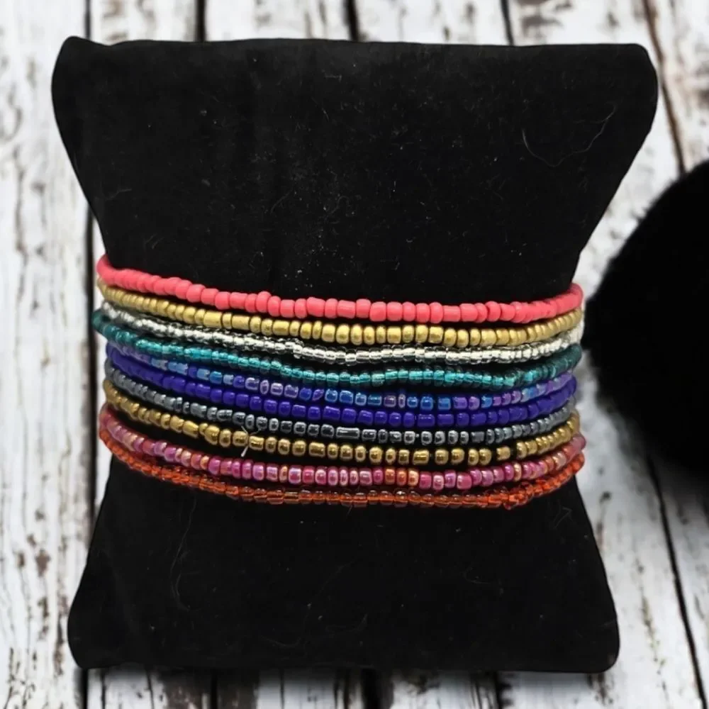 Rainbow Seed Bead Bracelet Set 10 Pack Colorful Stretch Stacking Boho Jewelry